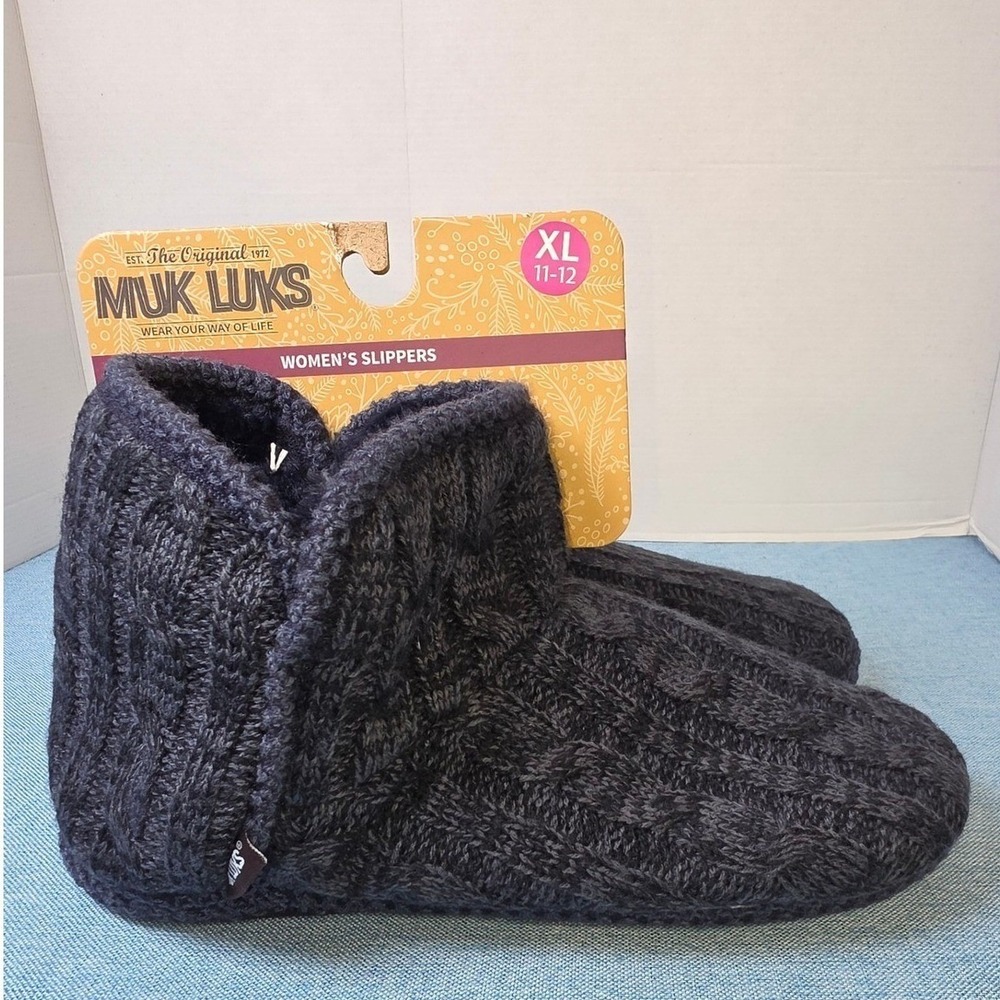 MUK LUKS Womens Cable Knit Bootie Slippers Dark Sapphire/Twlight XL 11-12 NEW